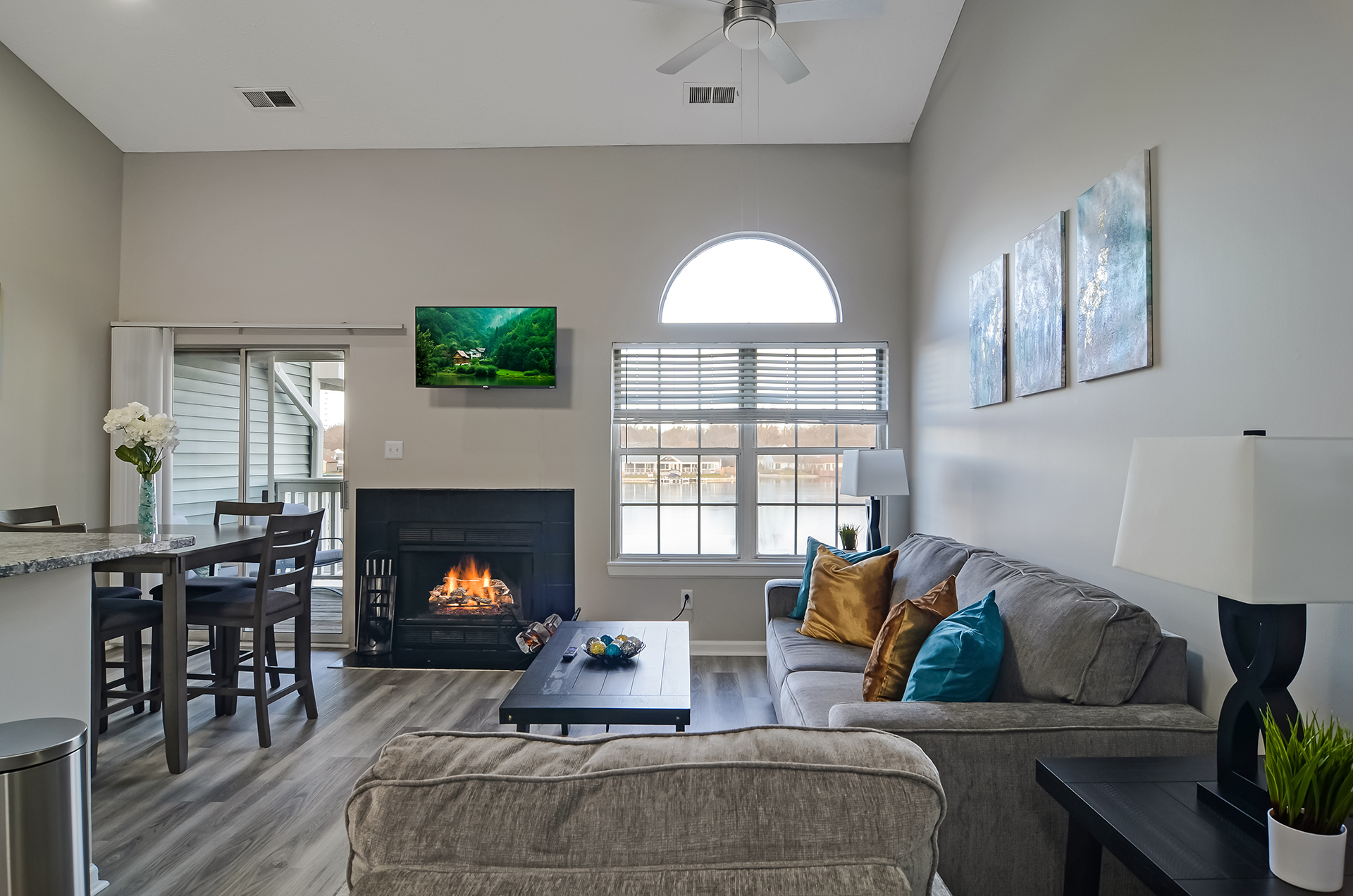 entry into living room with fireplace